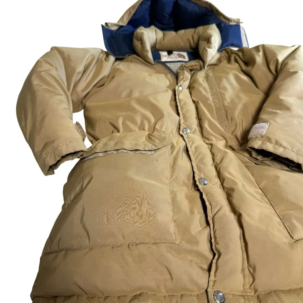 VTG 80s The North Face USA Made Down Parka Jacket Tan Blue Hooded Puffer